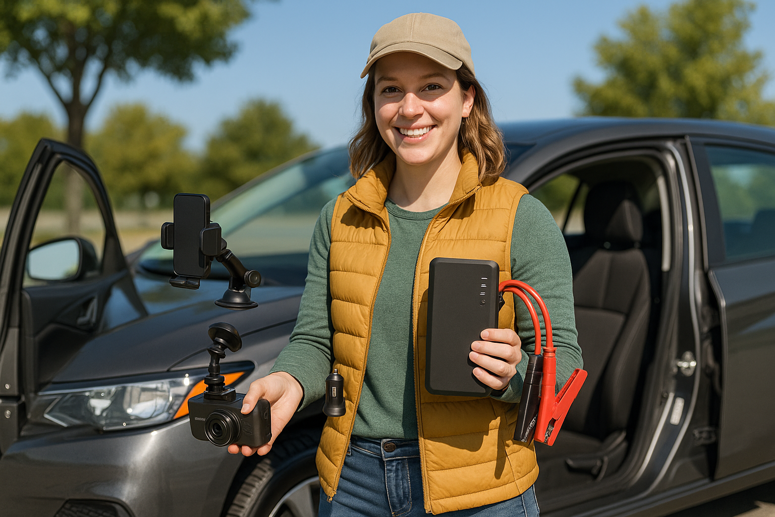 a woman outside with a car accessories